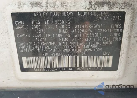 2011 Subaru Outback 2.5I Premium from USA, damaged, VIN 4S4BRBCC2B1383125